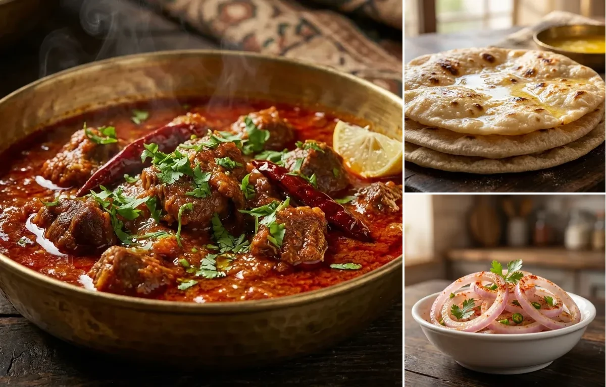 Jungli Maas with Chapati and Onion Lachha Salad