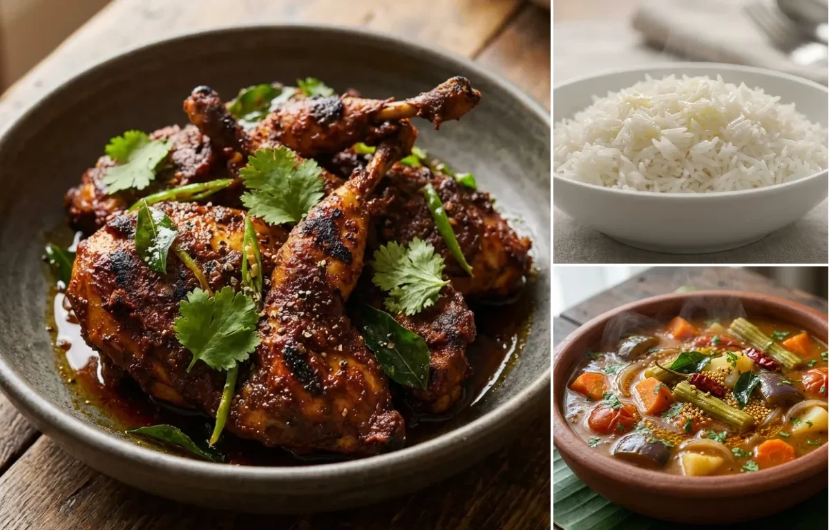 Kaadai Roast with Steamed Basmati Rice and Vegetable Sambar