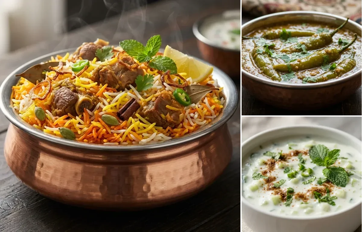 Kachay Gosht ki Biryani with Mirchi ka Salan and Cucumber Raita