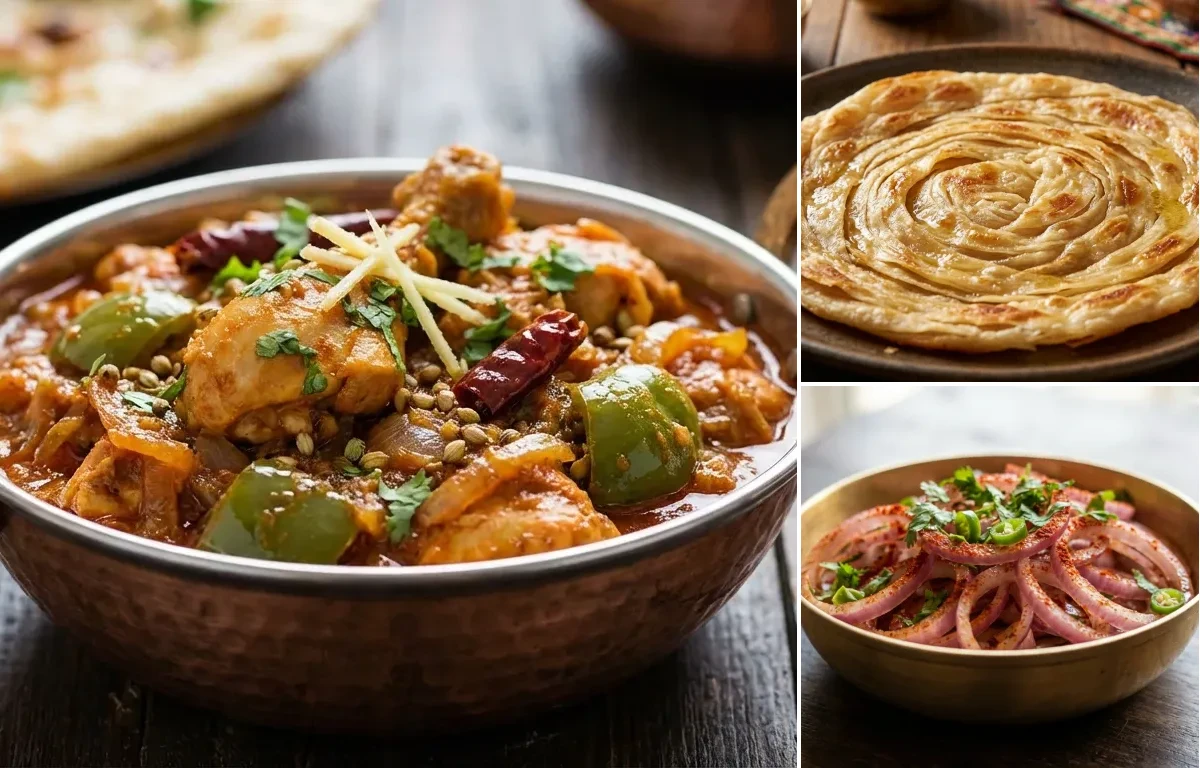 Kadhai Chicken with Laccha Paratha and Onion Salad
