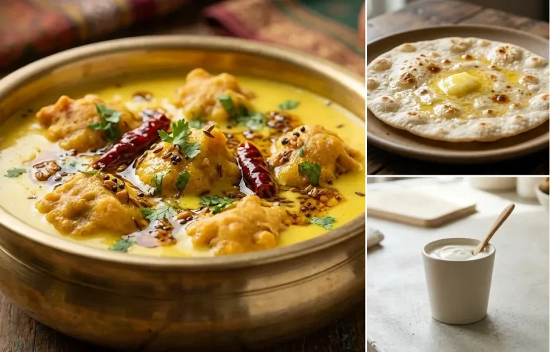 Kadhi Pakora with Aloo Beans, Jowar Roti and Plain Yogurt Cup