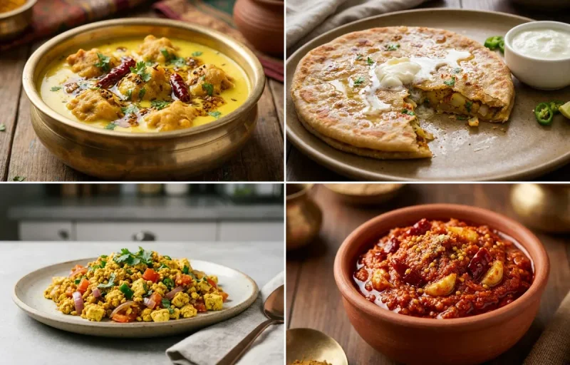 Kadhi Pakora with Aloo Paratha, Vegan Tofu Bhurji, Plain Yogurt Cup and Garlic Chutney