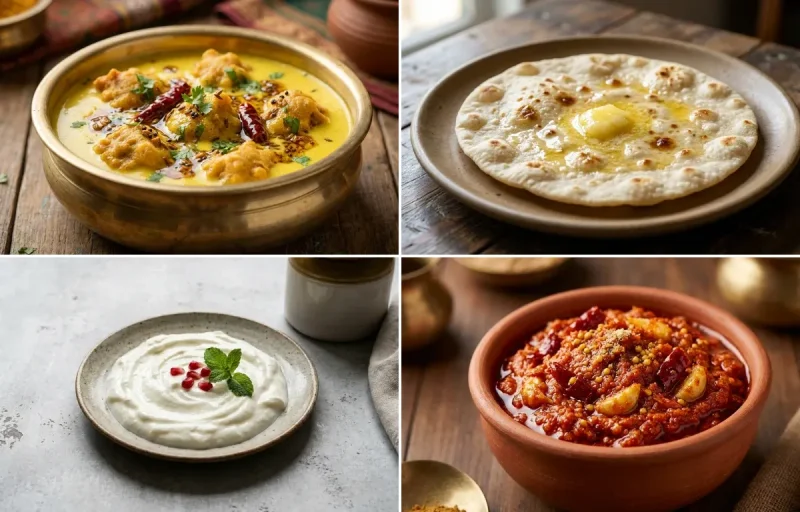 Kadhi Pakora with Jowar Roti, Vegan Dal Palak, Plain Curd and Garlic Chutney