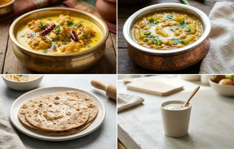 Kadhi Pakora with Lauki Chana Dal, No-Salt Whole Wheat Roti and Plain Yogurt Cup