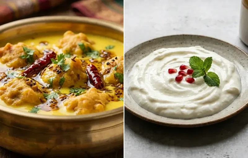Kadhi Pakora with Mixed Veg Stuffed Paratha, Vegan Aloo Matar, Plain Curd and Mint Coriander Chutney No-Salt