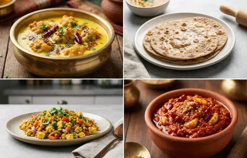 Kadhi Pakora with No-Salt Whole Wheat Roti, Vegan Tofu Bhurji, Plain Yogurt Cup and Garlic Chutney