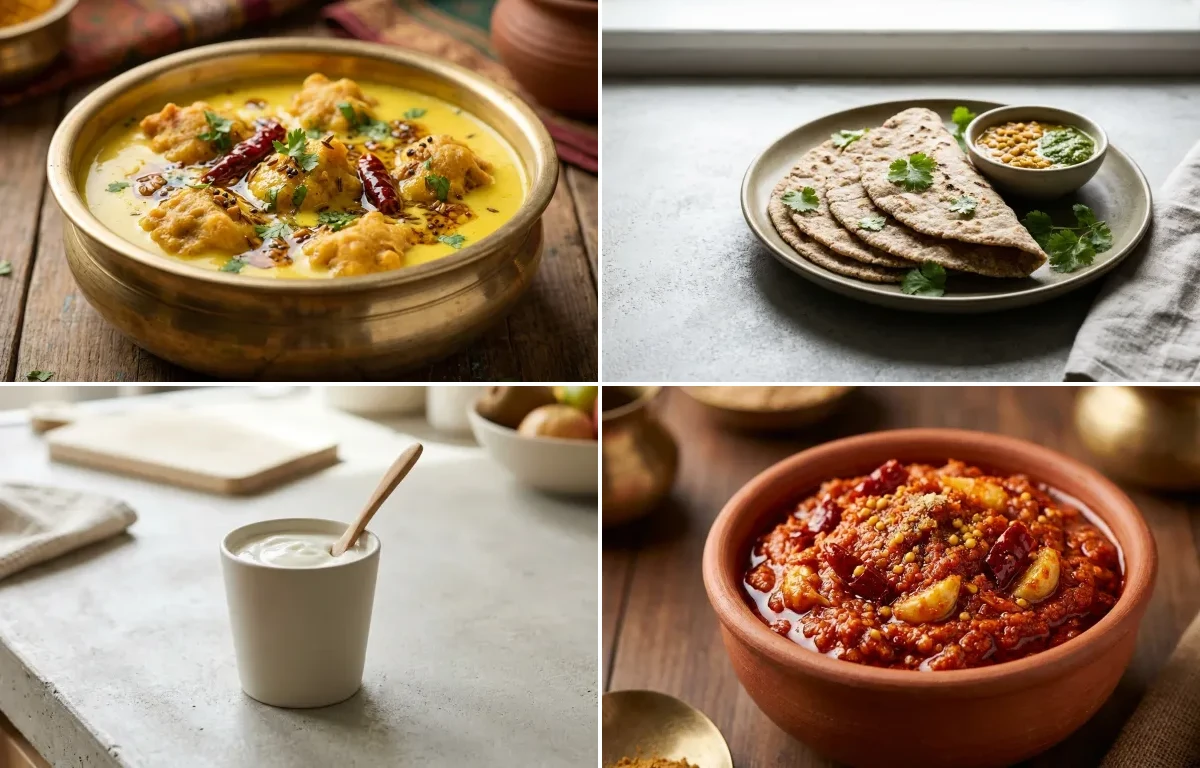 Kadhi Pakora with Vegan Jowar Roti, Cauliflower Peas Sabzi, Plain Yogurt Cup and Garlic Chutney