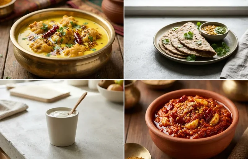 Kadhi Pakora with Vegan Jowar Roti, Cauliflower Peas Sabzi, Plain Yogurt Cup and Garlic Chutney