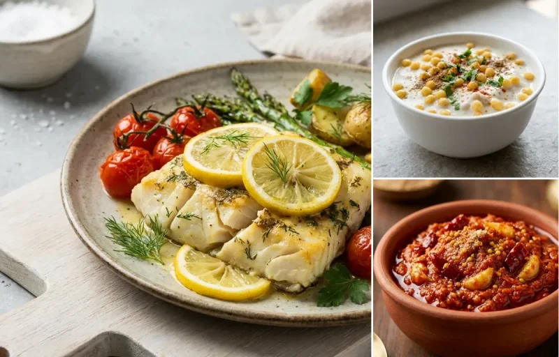 Kadhi with Dal With Phulka, Baked Cod With Lemon, Boondi Raita and Garlic Chutney