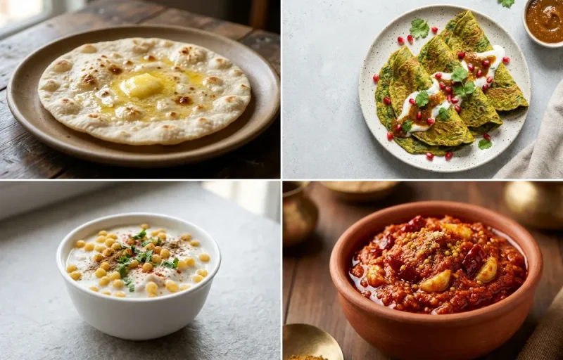 Kadhi with Jowar Roti, Palak Chilla, Boondi Raita and Garlic Chutney