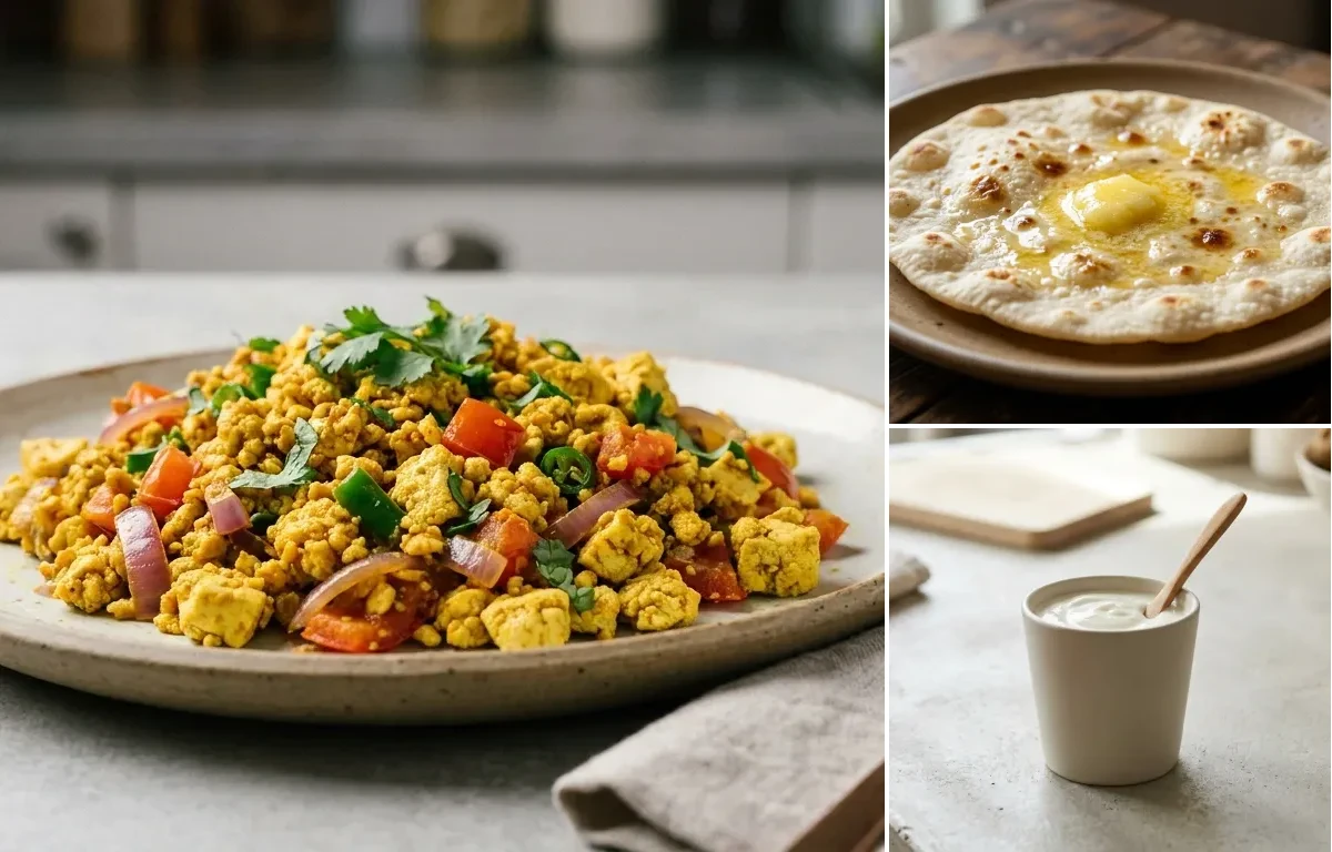 Kadhi with Vegan Tofu Bhurji, Jowar Roti and Plain Yogurt Cup