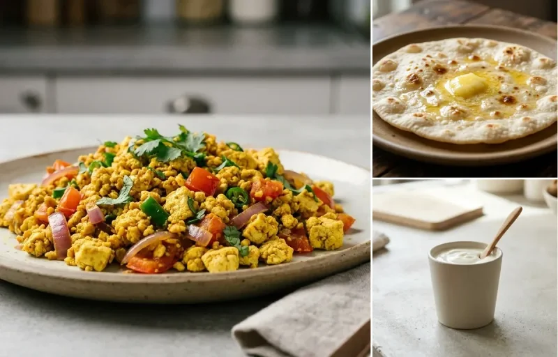 Kadhi with Vegan Tofu Bhurji, Jowar Roti and Plain Yogurt Cup