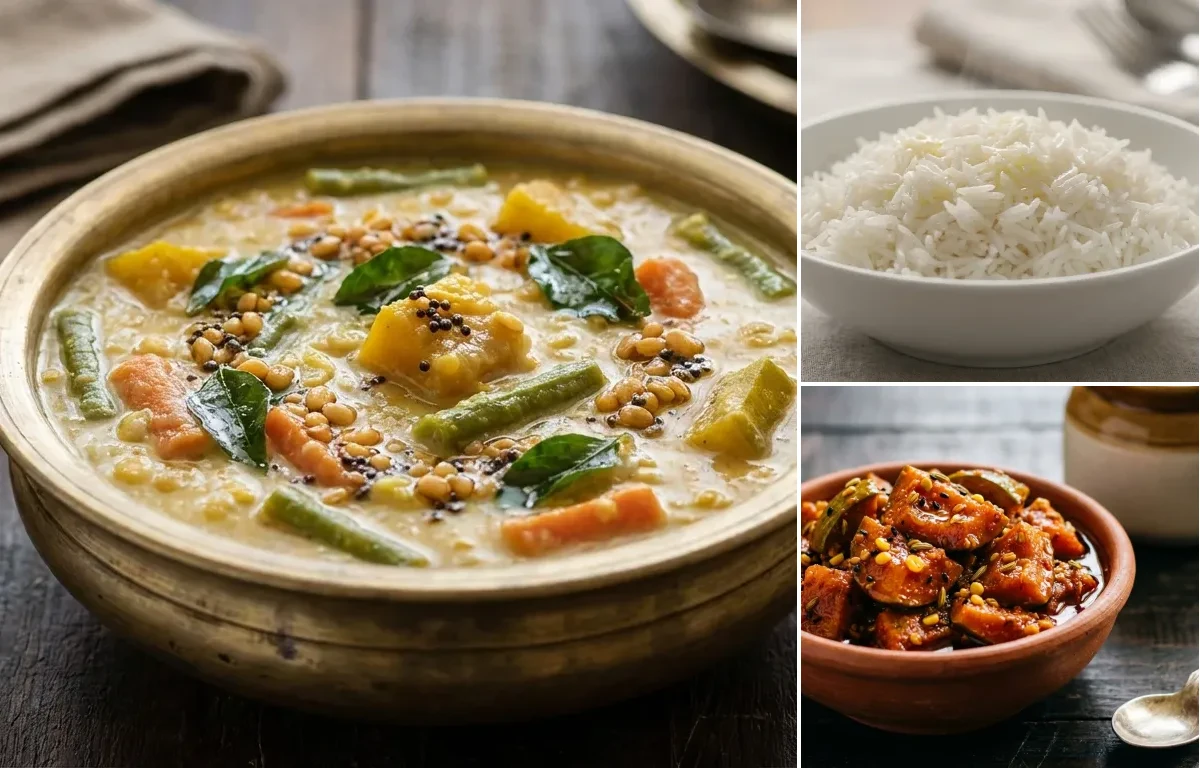 Kaikari Kootu with Steamed Basmati Rice and Mango Pickle