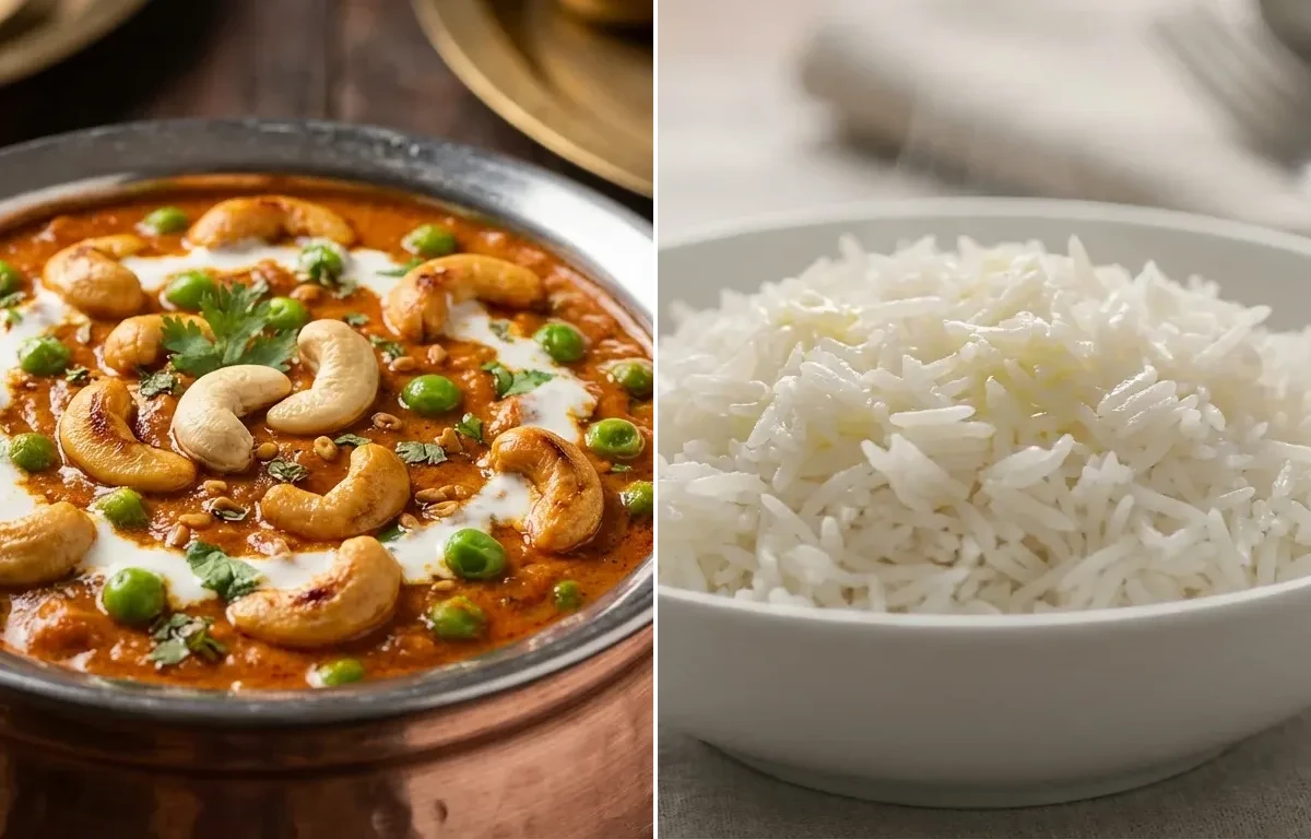 Kaju Matar Masala with Steamed Basmati Rice