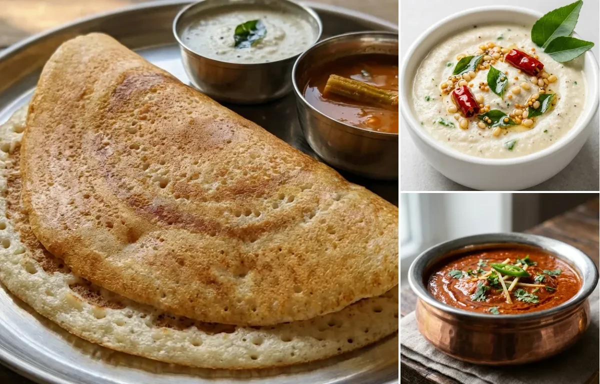 Kal Dosa with Coconut Chutney and Tomato Curry