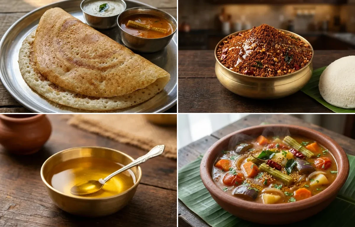 Kal Dosa with Idli Podi, Ghee and Vegetable Sambar