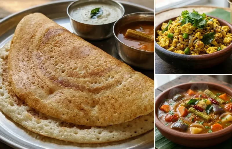 Kal Dosa with Muttai Poriyal and Vegetable Sambar
