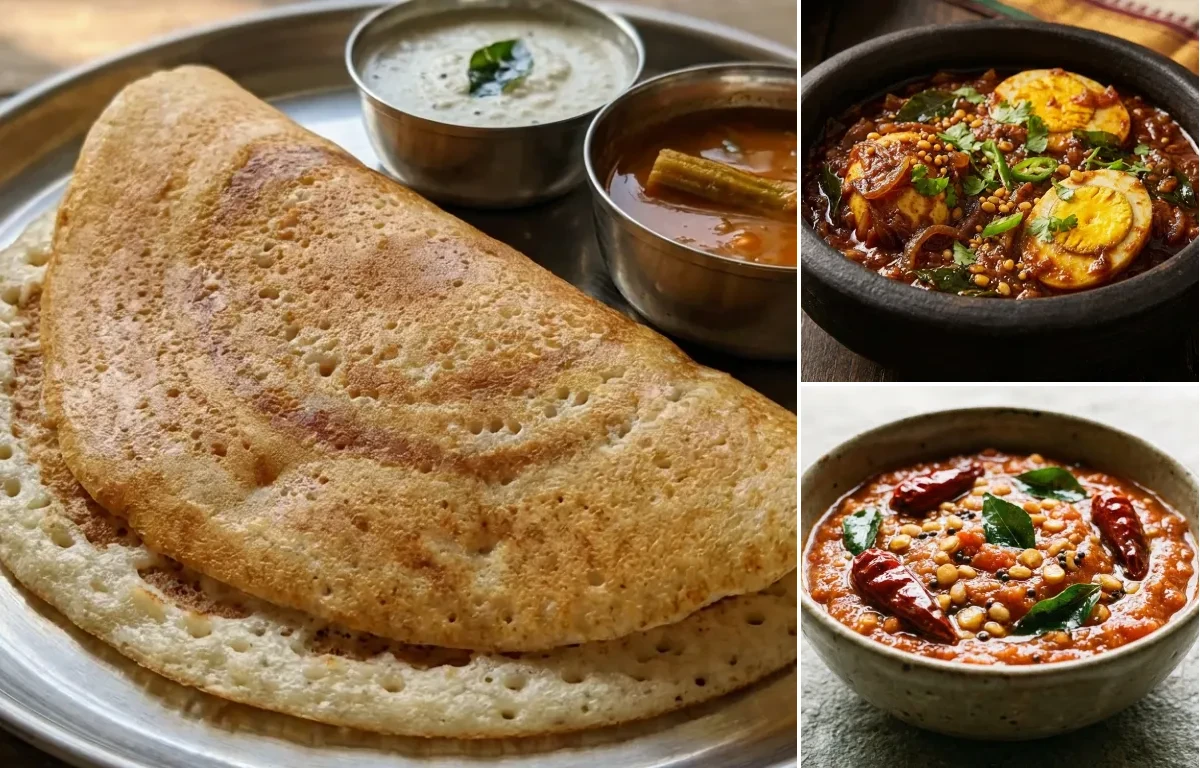 Kal Dosa with Muttai Thokku and Tomato Chutney