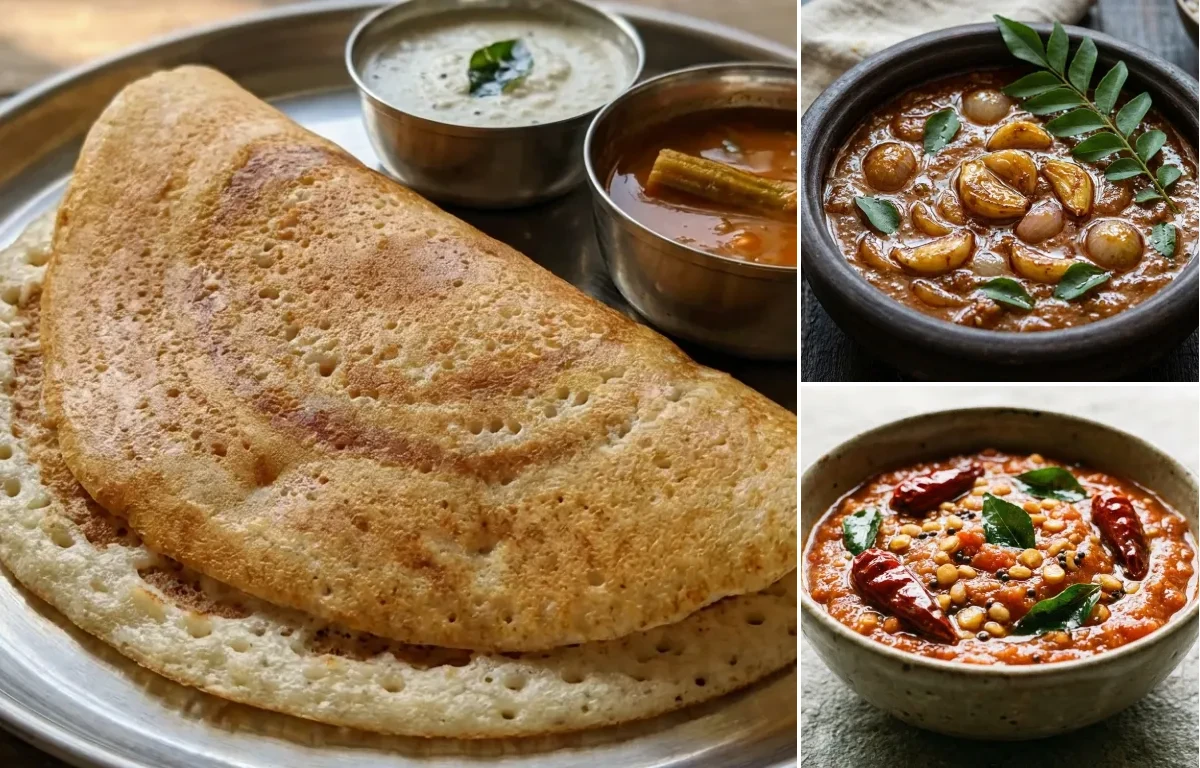 Kal Dosa with Poondu Kozhambu and Tomato Chutney