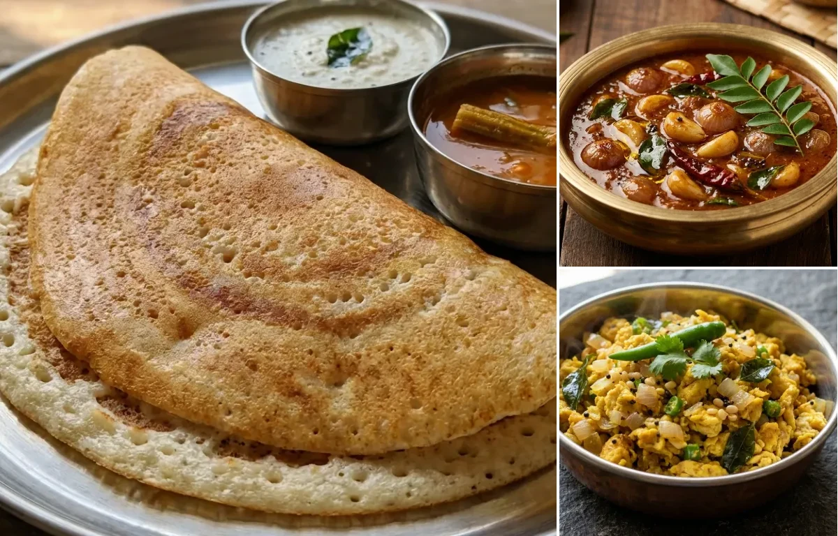 Kal Dosa with Poondu Kuzhambu and Muttai Podimas