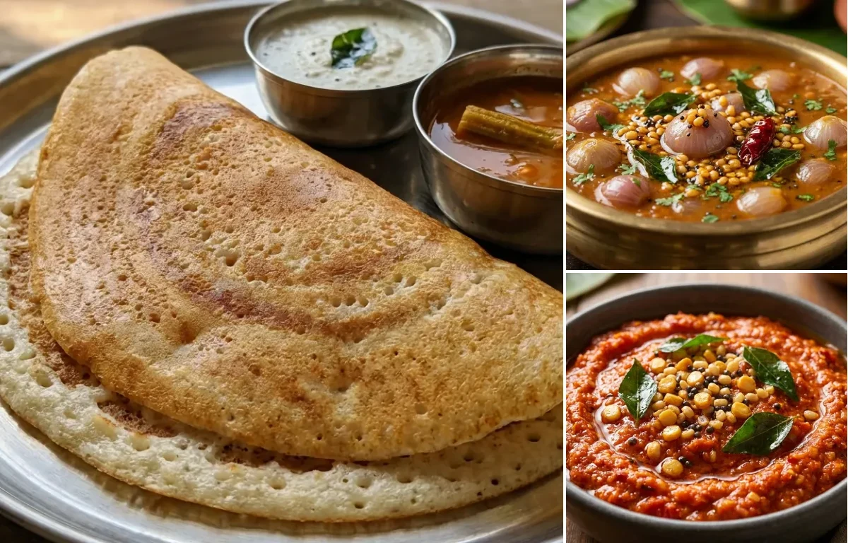 Kal Dosa with Vengaya Sambar and Kaara Chutney