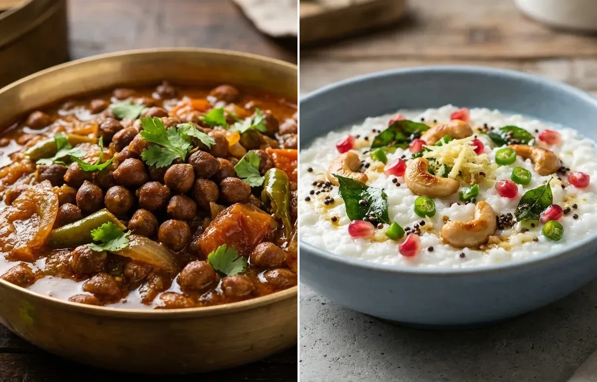 Kala Chana Curry with Curry Leaf Chutney and Curd Rice Snack Bowl