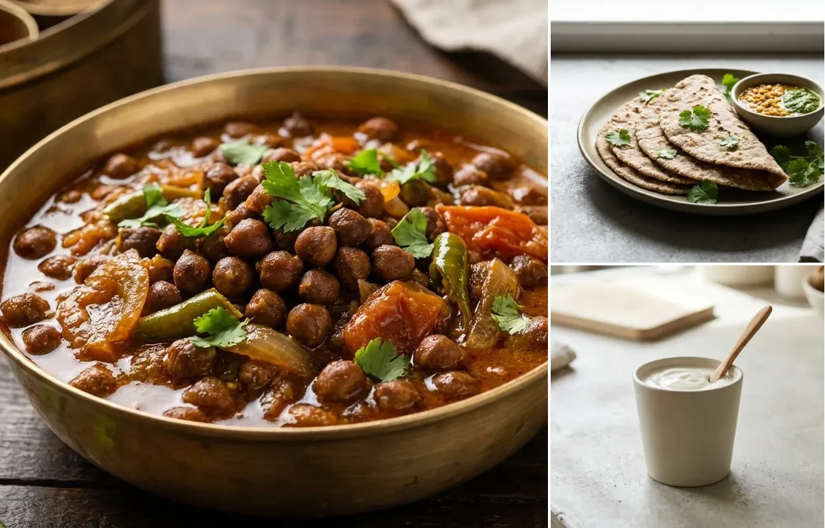 Kala Chana Curry with Kadhi, Vegan Jowar Roti and Plain Yogurt Cup
