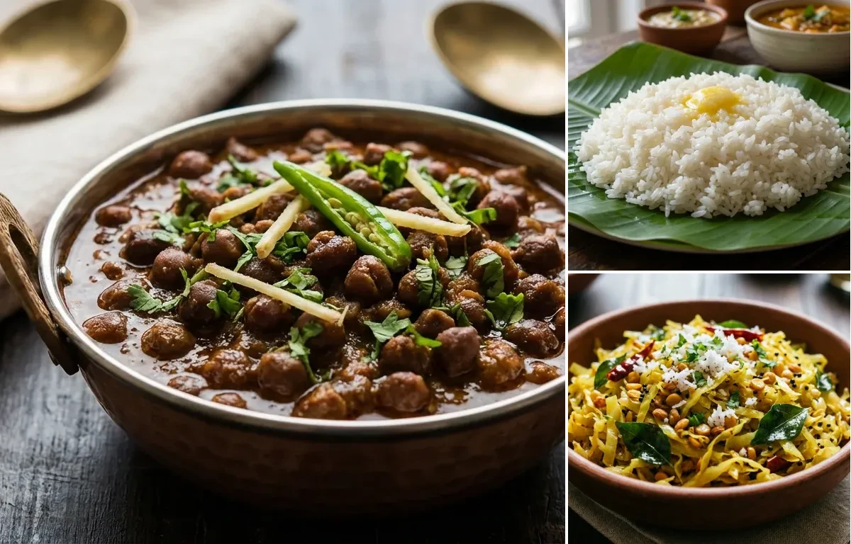 Kala Chana Masala with Steamed White Rice with Cabbage Fry