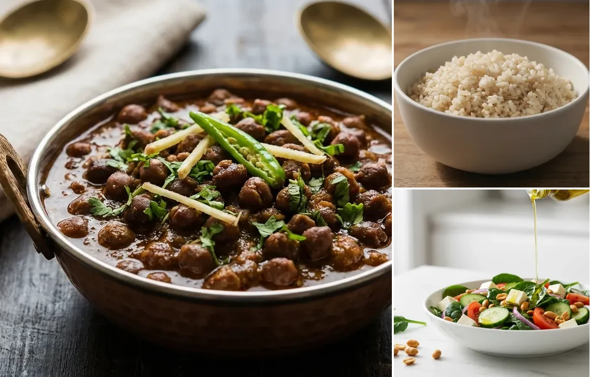 Kala Chana Masala with Steamed White Rice with Palak Salad