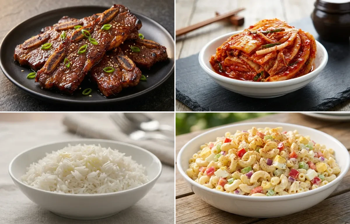 Kalbi Short Ribs with Napa Cabbage Kimchi, Steamed Basmati Rice and Macaroni Salad