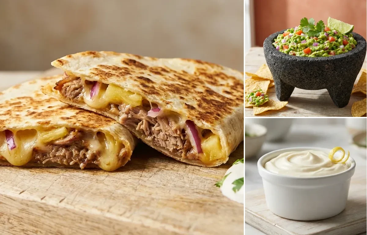 Kalua Pork Quesadillas with Guacamole and Sour Cream