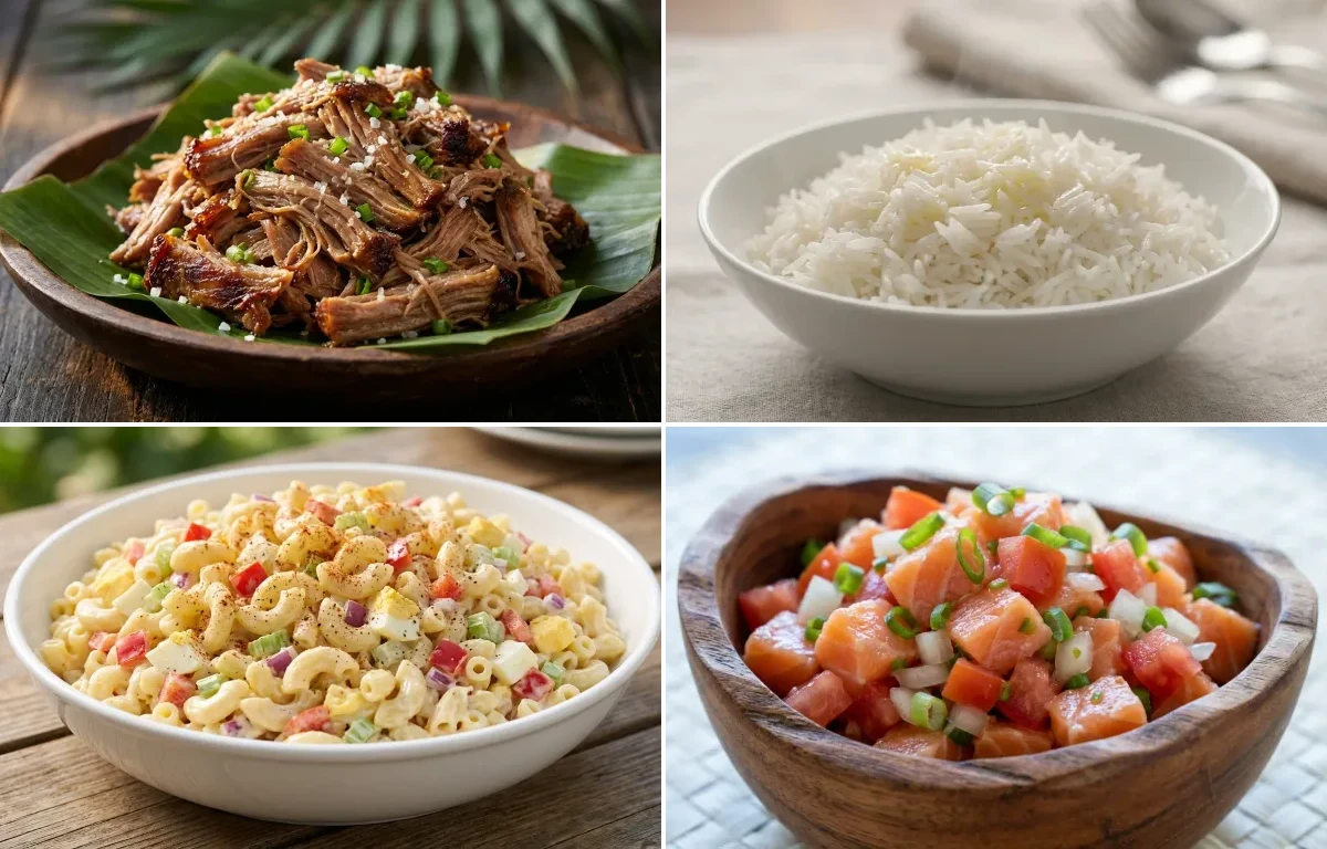 Kalua Pork with Steamed Basmati Rice, Macaroni Salad and Lomi-Lomi Salmon