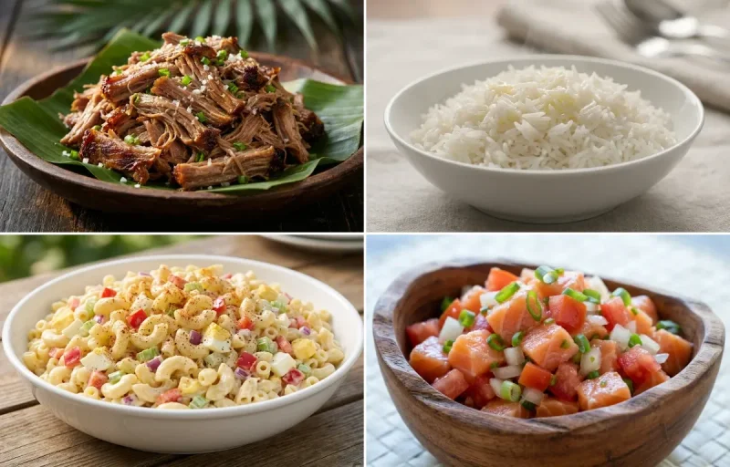 Kalua Pork with Steamed Basmati Rice, Macaroni Salad and Lomi-Lomi Salmon