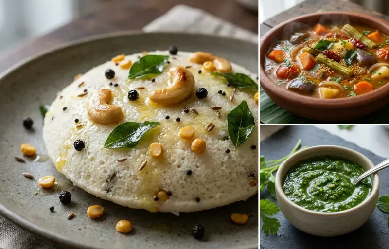 Kanchipuram Idli with Vegetable Sambar and Coriander Mint Chutney