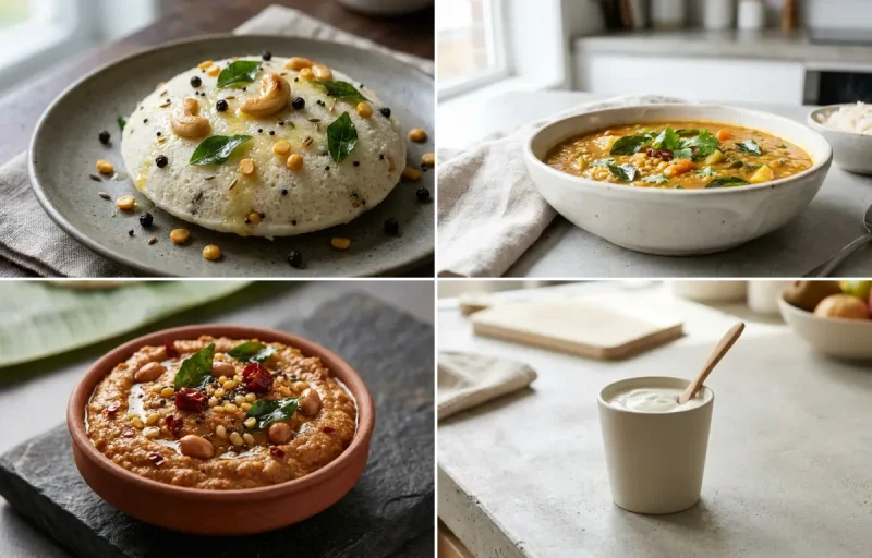 Kanchipuram Idli with Drumstick Sambar, Peanut Chutney and Plain Yogurt Cup