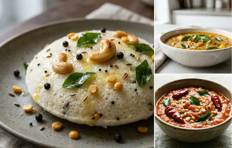Kanchipuram Idli with Sambar, Tomato Chutney, Two Boiled Eggs and Curd Rice Snack Bowl