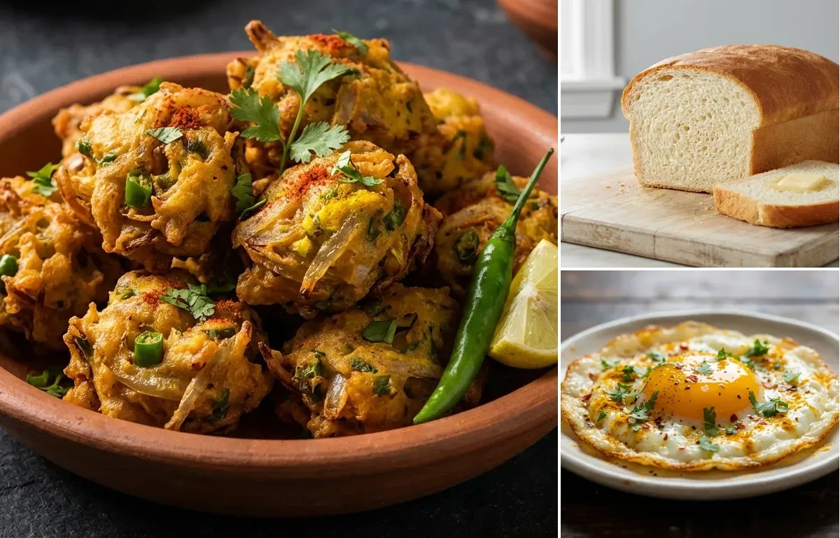 Kanda Bhaji with White Bread and Fried Egg