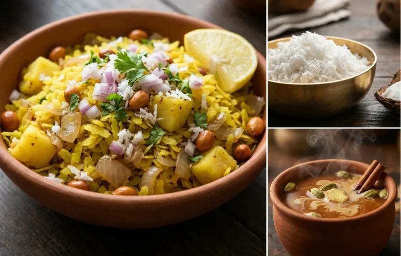 Kanda Poha with Grated Coconut and Gur ki Chai