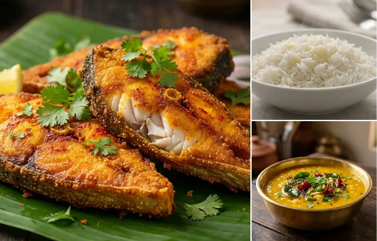 Kane Rava Fry with Steamed Basmati Rice and Dalithoy