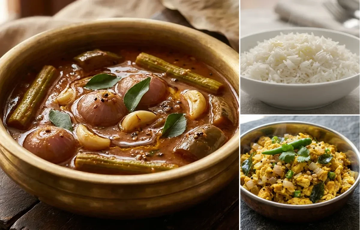 Kara Kuzhambu with Steamed Basmati Rice and Muttai Podimas