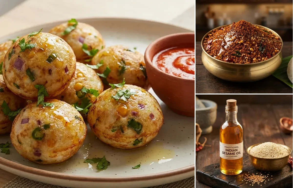 Kara Paniyaram with Idli Podi and Sesame Oil