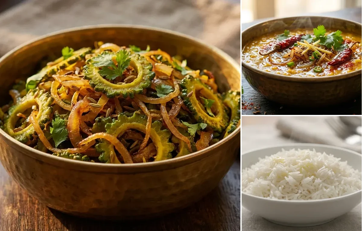 Karela Bhujia with Dal Tadka and Steamed Basmati Rice