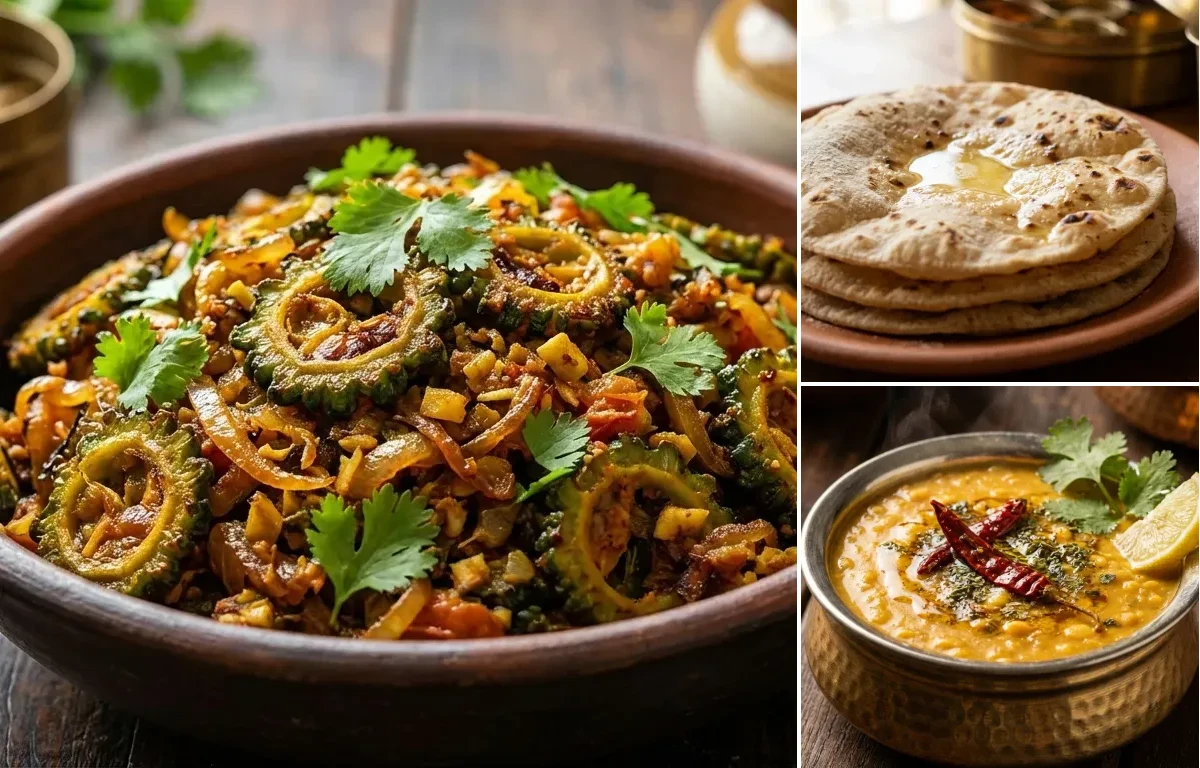 Karela Bhurji with Roti and Chana Dal Fry