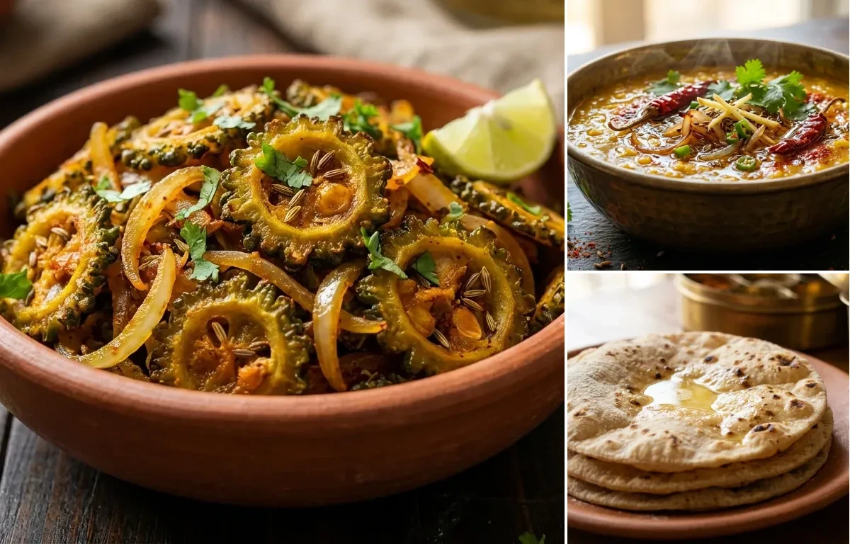 Karela Fry with Dal Tadka and Roti