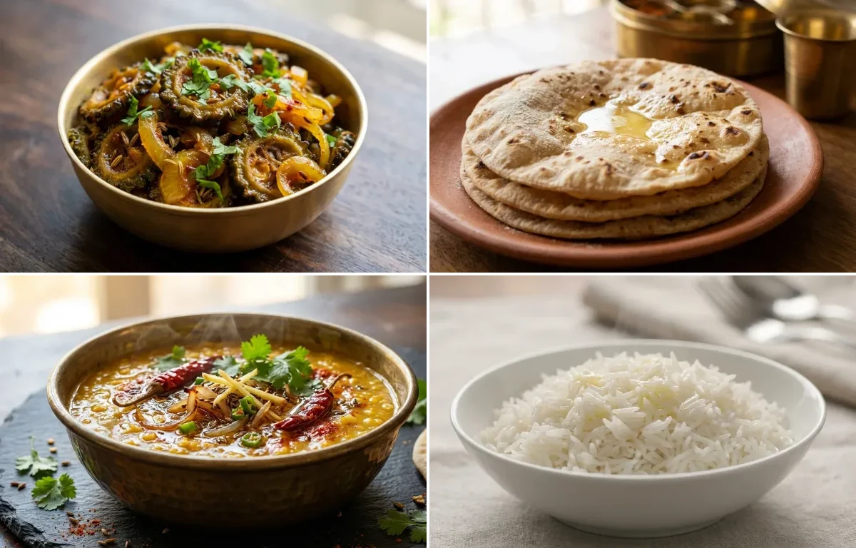 Karela Sabzi with Roti, Dal Tadka and Steamed Basmati Rice