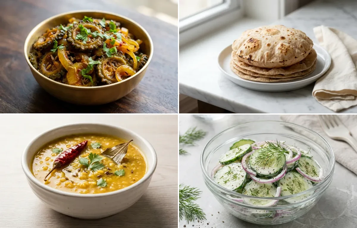 Karela Sabzi with Whole-Wheat Phulka with Moong Dal with Cucumber Salad