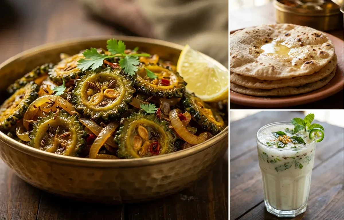 Karele ki Sabzi with Roti and Masala Chaas