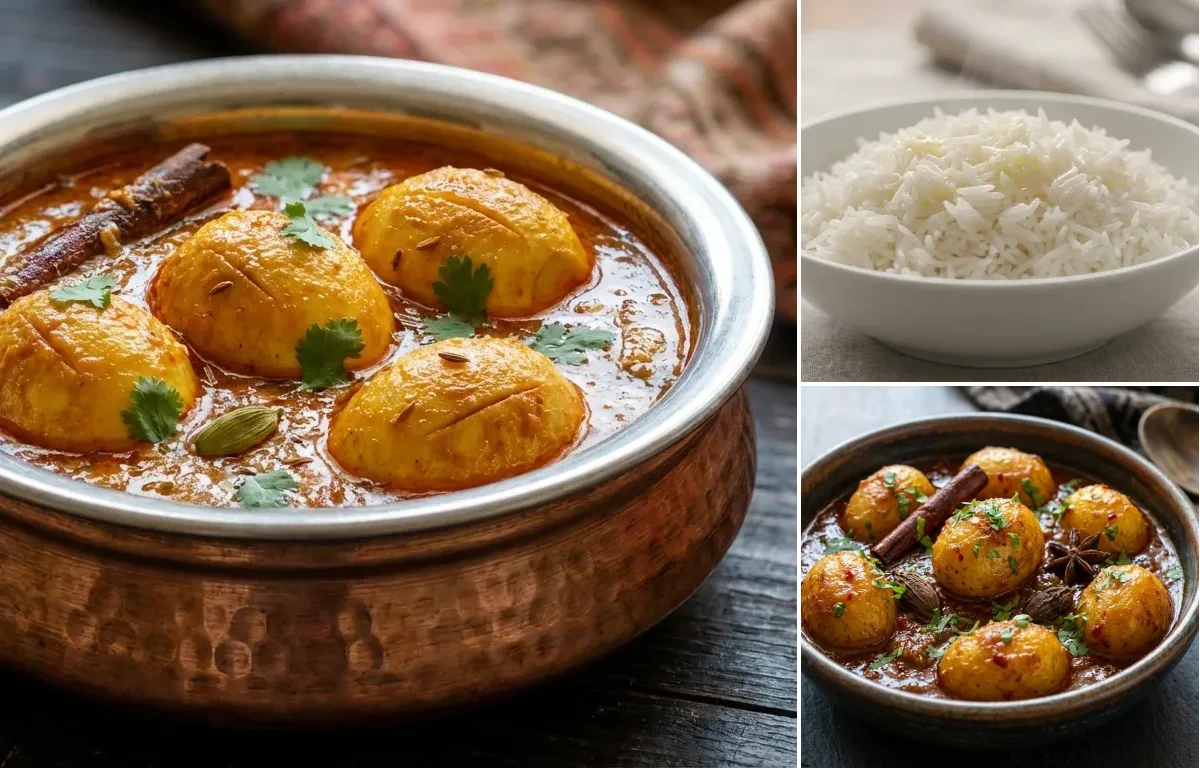 Kashmiri Anda Curry with Steamed Basmati Rice and Kashmiri Dum Aloo