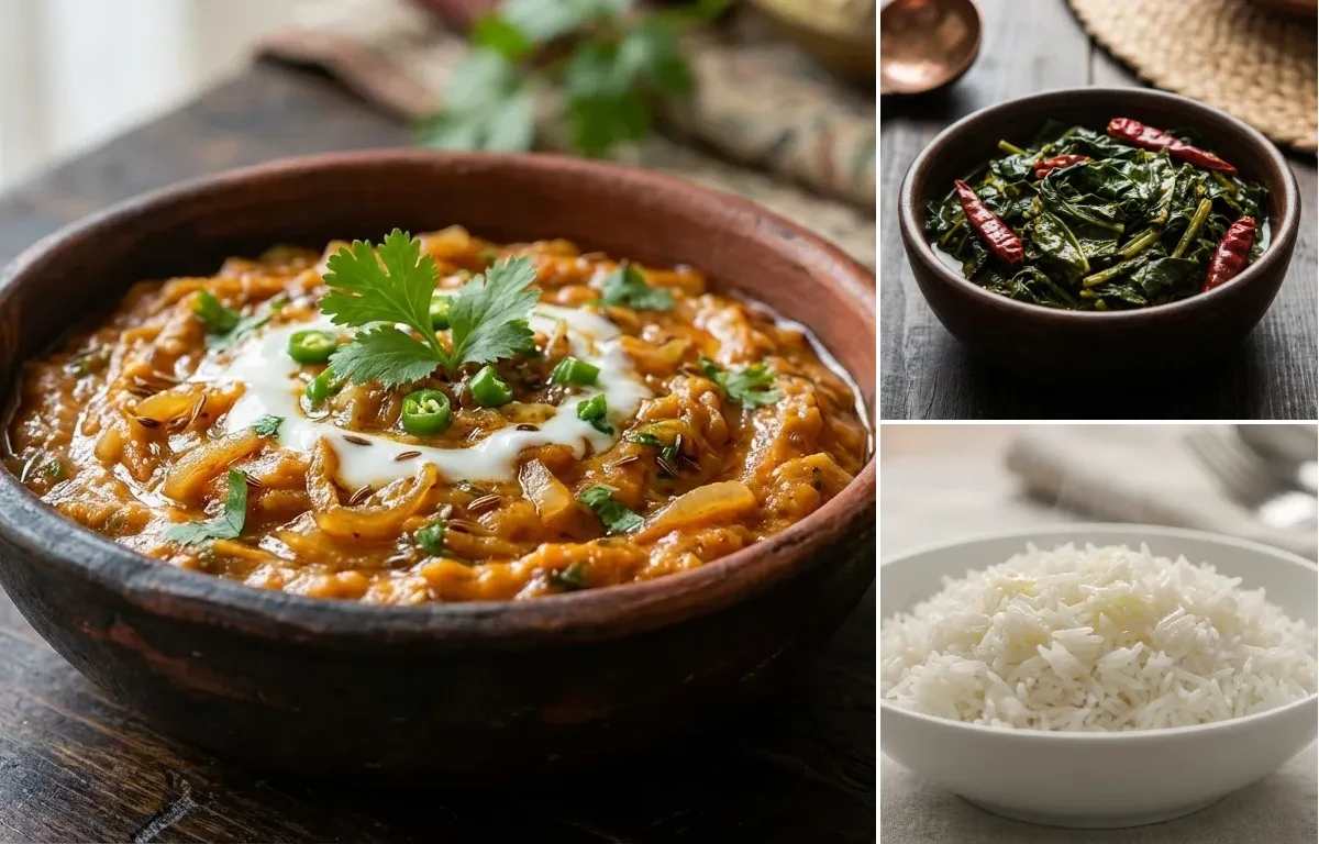 Kashmiri Baingan Bharta with Haak Saag and Steamed Basmati Rice