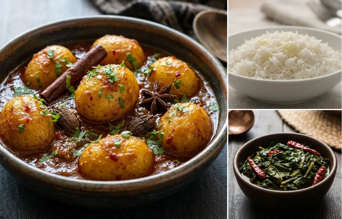 Kashmiri Dum Aloo with Steamed Basmati Rice and Haak Saag